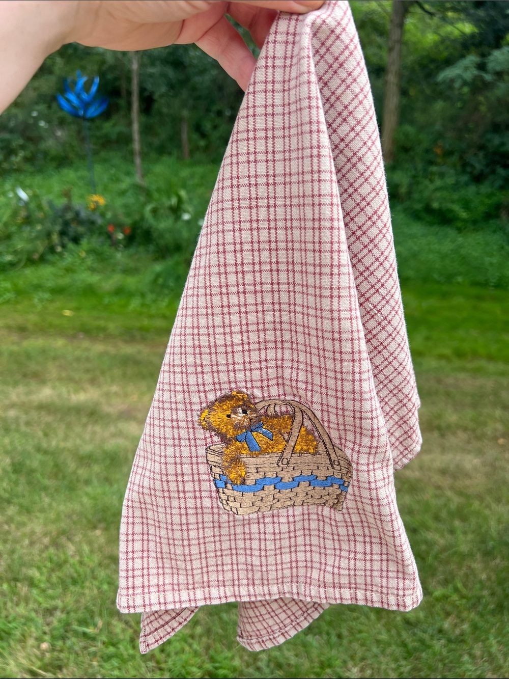 Vintage Cottagecore Teddy Bear In Basket Embroidered Tea Towel Dish Cloth